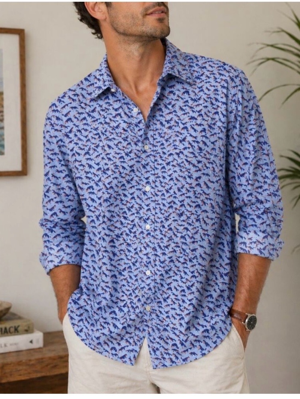Charleston Threads Men’s Long Sleeve Button Down All Over Fox Print Shirt. Large